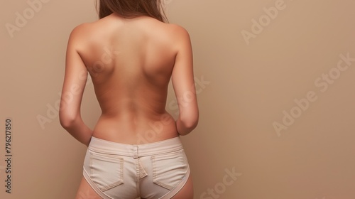 Rear view of a young woman with bare back wearing beige shorts against a plain background.