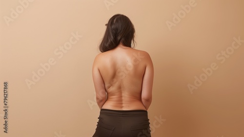 A slim woman with a bare back posing against a beige backdrop, her brown hair falling loosely.
