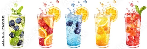Refreshing Soda Drinks with Fruity Mix. Lemon, Blueberry, Strawberry, Peach and Yuzu Orange