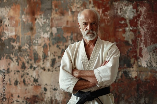 Mature Karate Master with Black Belt: Athlete Posing in Aikido Art on Caucasian Background