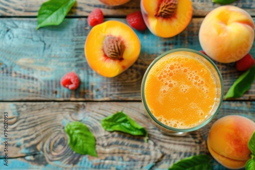 Refreshing Peach Smoothie with Fresh Fruit on Wooden Background. Top View of Antioxidant-Rich