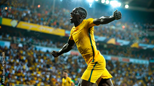 Male soccer player in yellow uniform is in the middle of game.