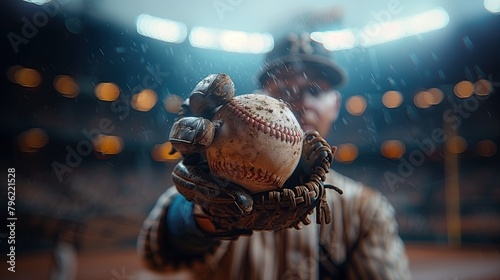 Portrait of a baseball player who wears gloves to catch a baseball ball On the background of a baseball stadium Bright with a spotlight