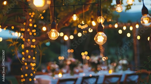 Outdoor wedding reception with a rustic chic theme, small lights on ropes. Marriage, no one there, comfort, feast, newlyweds, starting a family. Concept of starting a life together. Generative by AI