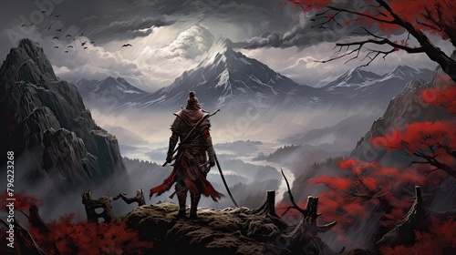 Ronin warrior wandering a rugged mountain path. Japanese aesthetics, silhouette, mountain landscape, long unkempt hair, straw hat, Japanese style. Lonely traveler warrior concept. Generative by AI