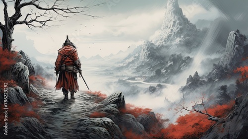 Ronin warrior wandering a rugged mountain path. Japanese aesthetics, silhouette, mountain landscape, long unkempt hair, straw hat, Japanese style. Lonely traveler warrior concept. Generative by AI