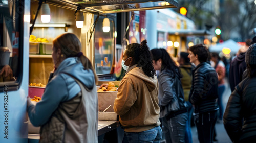 Group of people standing around food truck with food on the counter.