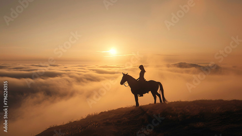 Kobieta na koniu ogląda zachód słońca ponad chmurami