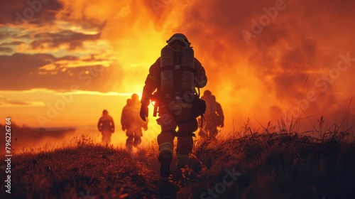Firefighters walking towards a wildfire