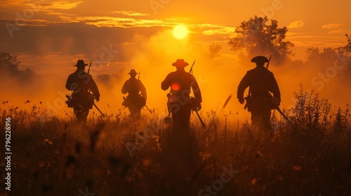 Four soldiers walking through a field of tall grass at sunset