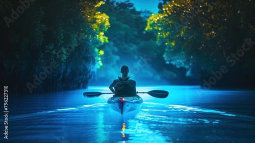  tranquil kayaking adventure through a bioluminescent bay, paddling amidst glowing plankton that illuminate the water with an ethereal blue light. 