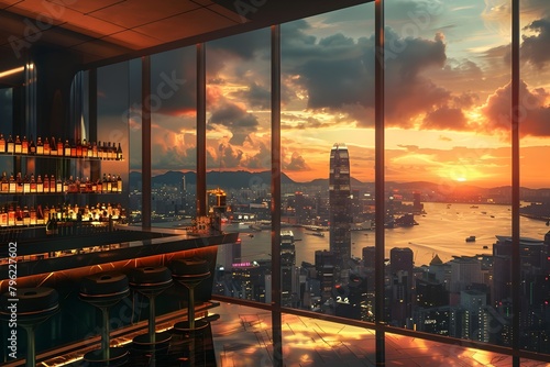 Captivating Skyline Sunset Backdrop Elevates Ambiance of Exclusive High-Rise Lounge and Bar