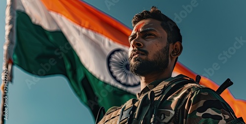A poster of an Indian soldier standing in front of the Indian flag, wearing a military uniform and holding a weapon.