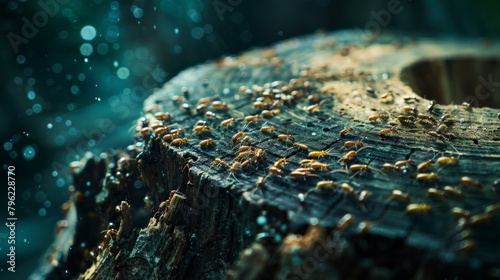 Close-up of a colony of termites infesting a decaying tree stump, illustrating the cycle of decomposition