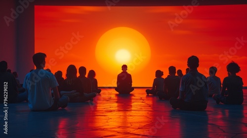 People meditating in front of large glowing red sun