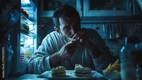 Hungry man in pajamas eating sweet cakes at night near refrigerator, Stop diet and gain extra pounds due to high carbs food and unhealthy night eating
