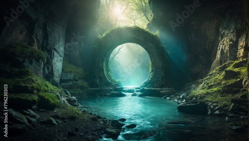 A cave entrance with sunlight streaming in, revealing a magical portal to another world