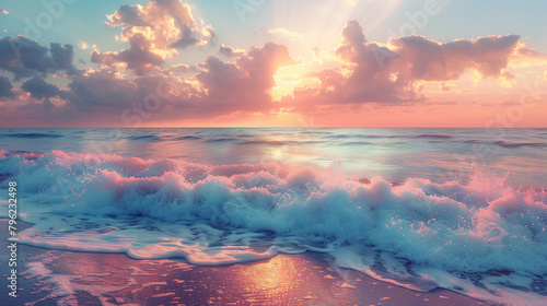 Pink-hued sunset over crashing ocean waves. 