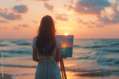 A girl paints a picture of a seascape with paints