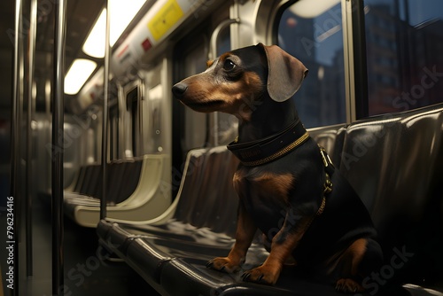Fashionable dachshund dog in a collar and sitting in a subway car, generated by ai