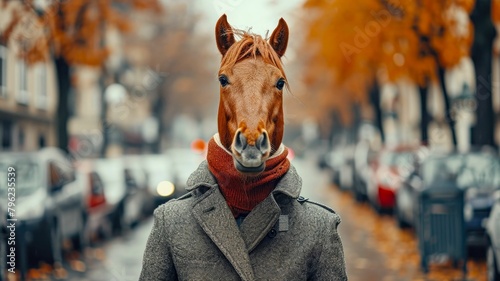 Majestic horse strides through city streets adorned in tailored sophistication, embodying street style. The realistic urban setting captures the grandeur of equine elegance fused with contemporary fas