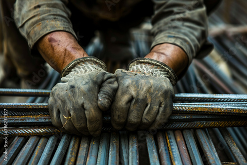 Workers hands tying steel rods