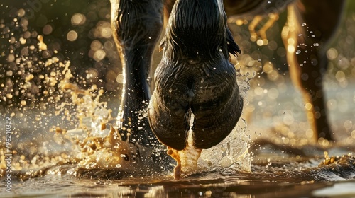  water buffalo's hooves splashing in the water as it digs a canal, with droplets of water glistening in the sunlight. 