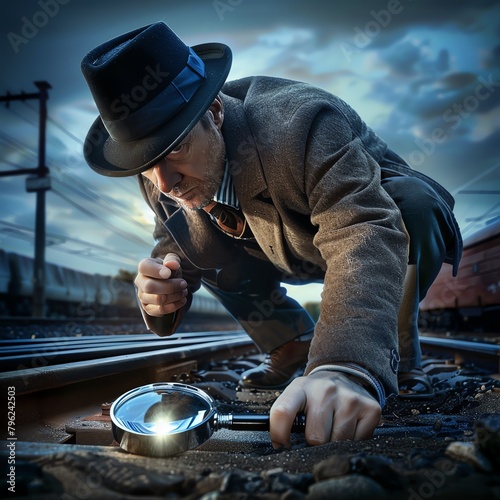 Detective following tracks with a magnifying glass, focus on the ground details and reflective lens, bright colors, clean background, Realistic HD characters