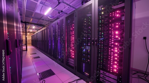 A high-tech data center with rows of servers, blinking lights, and a controlled access environment 