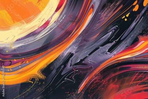 Vibrant abstract painting with orange, purple, and yellow colors. Great for artistic backgrounds