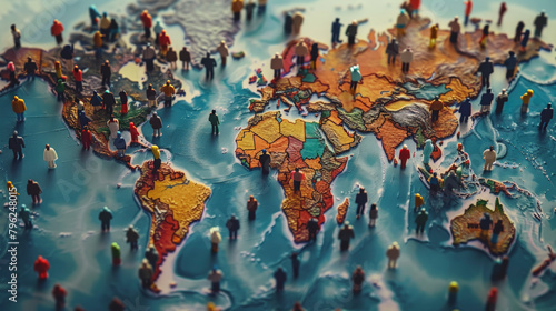 A 3D map of the world with miniature figures representing human population distribution across different continents and countries, World Population Day, save the world.