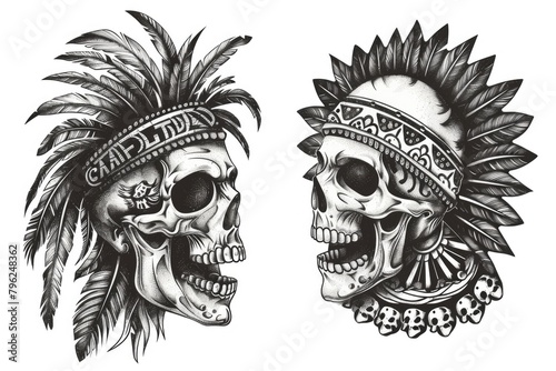 Two skulls wearing traditional Indian headdresses. Suitable for historical or cultural themes