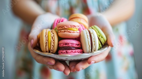 Hands holding a plate of colorful French macarons, offering a taste of sweetness and elegance