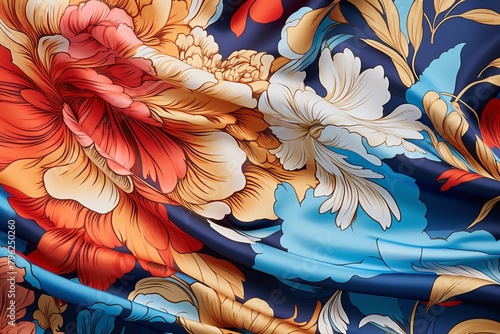 Digitally render a photorealistic image of a close-up shot zoomed into the tension within a chintz design Utilize high-definition techniques to bring out the rich details and vibrant hues, creating a