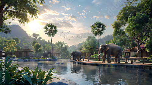 Elephant Nature Park, Chiang Mai: Gentle giants, natural habitat, in a serene setting, in a fantasy isometric style, with soft lighting, natural colors