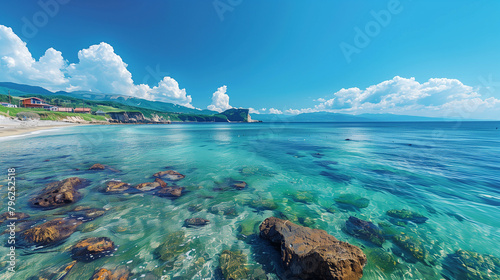 A beautiful blue ocean with a rocky shoreline