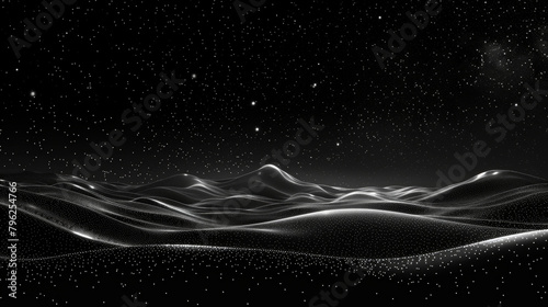 A black and white image of a starry night sky with a large hill in the background. The stars are scattered throughout the sky, creating a sense of depth and vastness