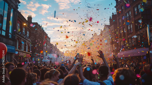 Crowd celebrating on a city street with confetti in the air during a festive event at dusk.