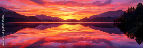 Sunset Serenity: Mesmerizing Reflection of Sunset Over Tranquil Lake Framed By Distant Silhouettes