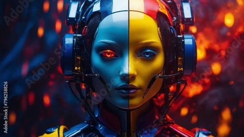 ネオンカラーの女性アンドロイド,Generative AI AI画像