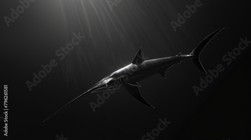 A black and white photo of a shark swimming in the ocean. Suitable for marine wildlife and nature concepts