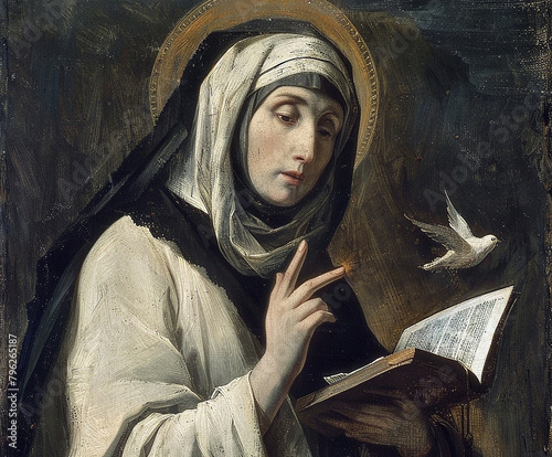 Saint Teresa of Avila holding an open Bible. AI generative.
