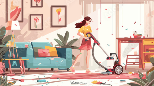 Young woman with wireless vacuum cleaner in the messy