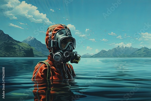 Man in Gas Mask in Water