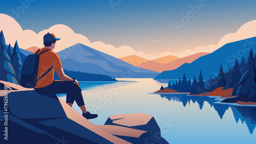 A solo hiker enjoying the peacefulness of a secluded spot by a serene lake as they sit atop a boulder and take in the stunning view around