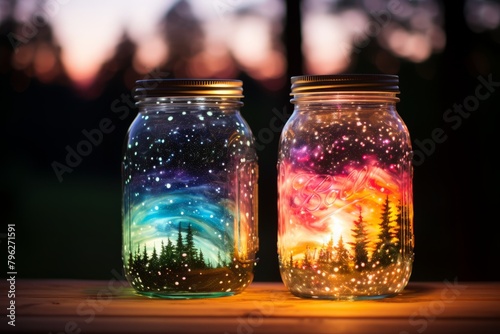 Two Mason Jars With Painted Stars and Trees