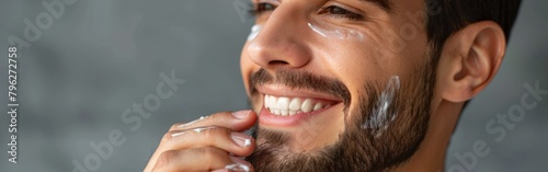 A man with a goatee smiles as he shaves his face with a razor, showing a moment of grooming routine