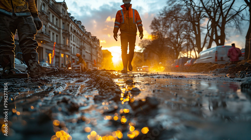 construction worker Concrete pouring during commercial concreting floors of building in construction site and Civil Engineer or Construction engineer inspect work.