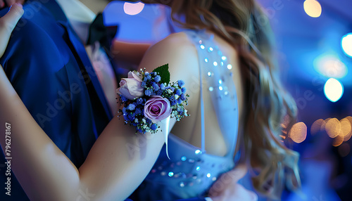 Young woman with corsage and her prom date dancing on blue background, closeup