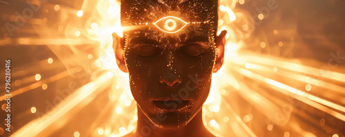 An individual with a third eye on their forehead emitting beams of light in every direction